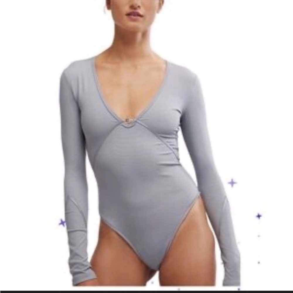 Free People Victory Light Gray Long Sleeve Ribbed Bodysuit